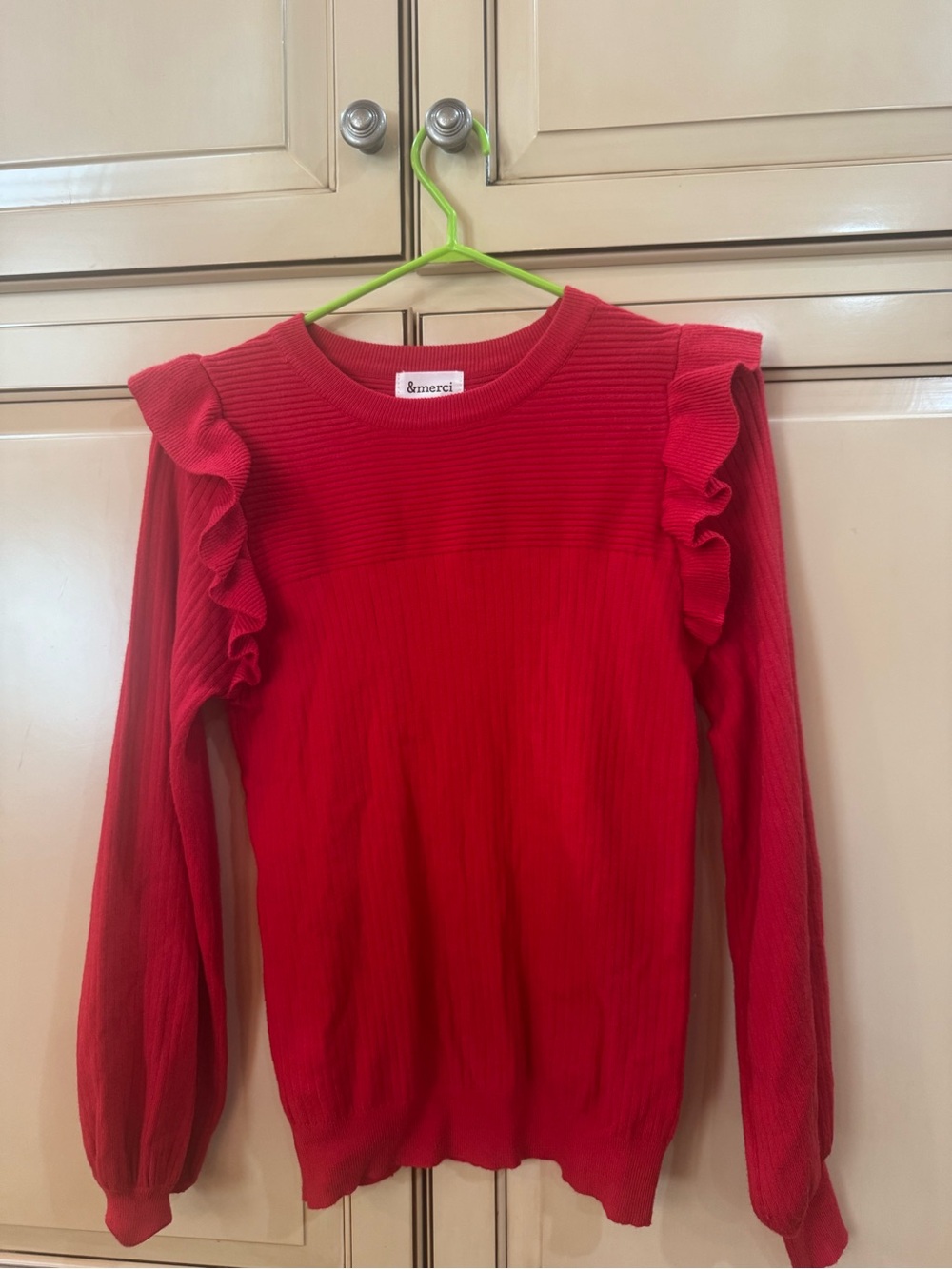 Merci Red Ruffle-Shoulder Ribbed Sweater